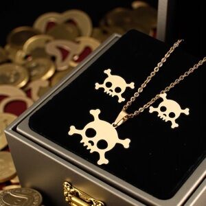 Stunning Gold Skull Necklace and Earring Set